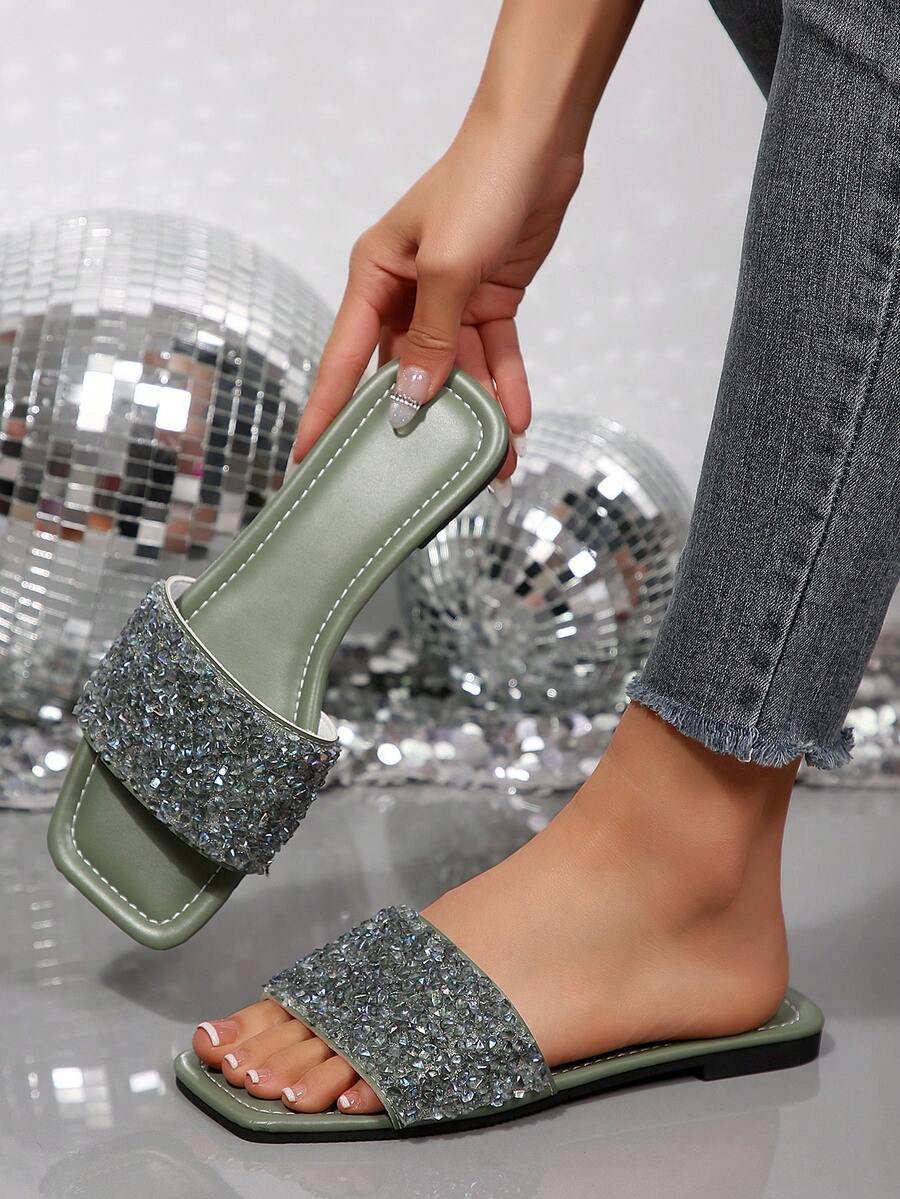 法国奢华时尚大码沙滩度假风多功能水钻室内外防滑清新妈妈拖鞋 - 軍綠色 - 查看 1