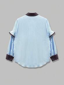 Camisa casual de manga larga de talla grande, elegante y de moda, con parches, contraste de colores, botones, volantes y rayas, adecuada para vacaciones, oficina, uso diario y viajes de primavera - Azul - Ver 7