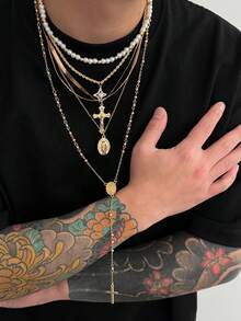 2pcs Fashionable Casual Minimalist Cross Pendant Necklace Set, Personalized Beaded Chain Y-Necklace, Suitable For Daily Wear, Party, And Holiday Gifts - 2pcs - View 2