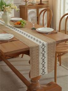 1pc Bohemian Style Tablecloth, Home Dining Table Decor Table Runner, Rustic Vintage Tablecloth Decor, Suitable For Living Room, Holiday, Bridal Shower Gift - Brownish Black - View 4