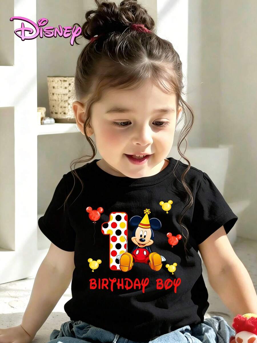 Mickey Mouse Pattern Printed With Disney's 1st Birthday, Officially Authorized By Disney, High-Quality T-Shirts, Parent-Child Clothes Worn By Disney, Children, Mother And Me, Women's Baby T-Shirts, Baby Clothes, Baby Clothes And Pregnant Women's Gifts. - 黑色 - 查看 1