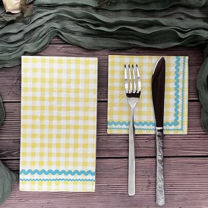 20张印花一次性纸巾，黄色格子图案大号印花手巾，可用作客人餐巾纸和饮料餐巾，三层，厚实柔软，适用于婚礼、新娘、生日、主题派对装饰、户外聚会等场合。