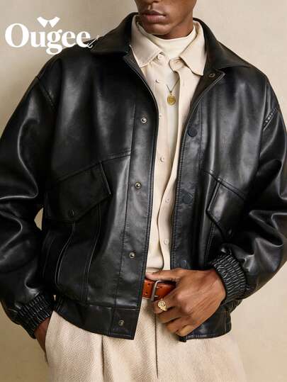 Ougee 1 Piece Men's Faux Leather Jacket | Shiny | Smooth PU Leather Fabric | Button Closure & Patch Detail | Ideal For Streetwear, Biker Style & Night Out | Y2K Retro Essential