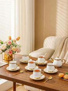 1 Set European Luxury Gold-Rimmed Ceramic Coffee Cup Set With Spoon, American Coffee Cup & Saucer, Milk Tea Cup, Gold-Edged Ceramic Coffee Cup And Saucer, Elegant Turkish Coffee Cup & Saucer Set, Suitable For Tea Parties, Afternoon Tea, Morning Tea, Gatherings And More - Multicolor - View 8