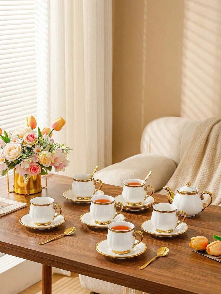 1 set di tazze da caffè in ceramica con bordi dorati di lusso europee, con cucchiaino, tazza da caffè americano con piattino, tazza da latte e tè, set di tazze da caffè e piattini in ceramica con bordi dorati, elegante set di tazze e piattini da caffè turchi, adatto per feste del tè, pomeriggio del tè, tè del mattino, riunioni e altro - Multicolore - Visualizzare 8