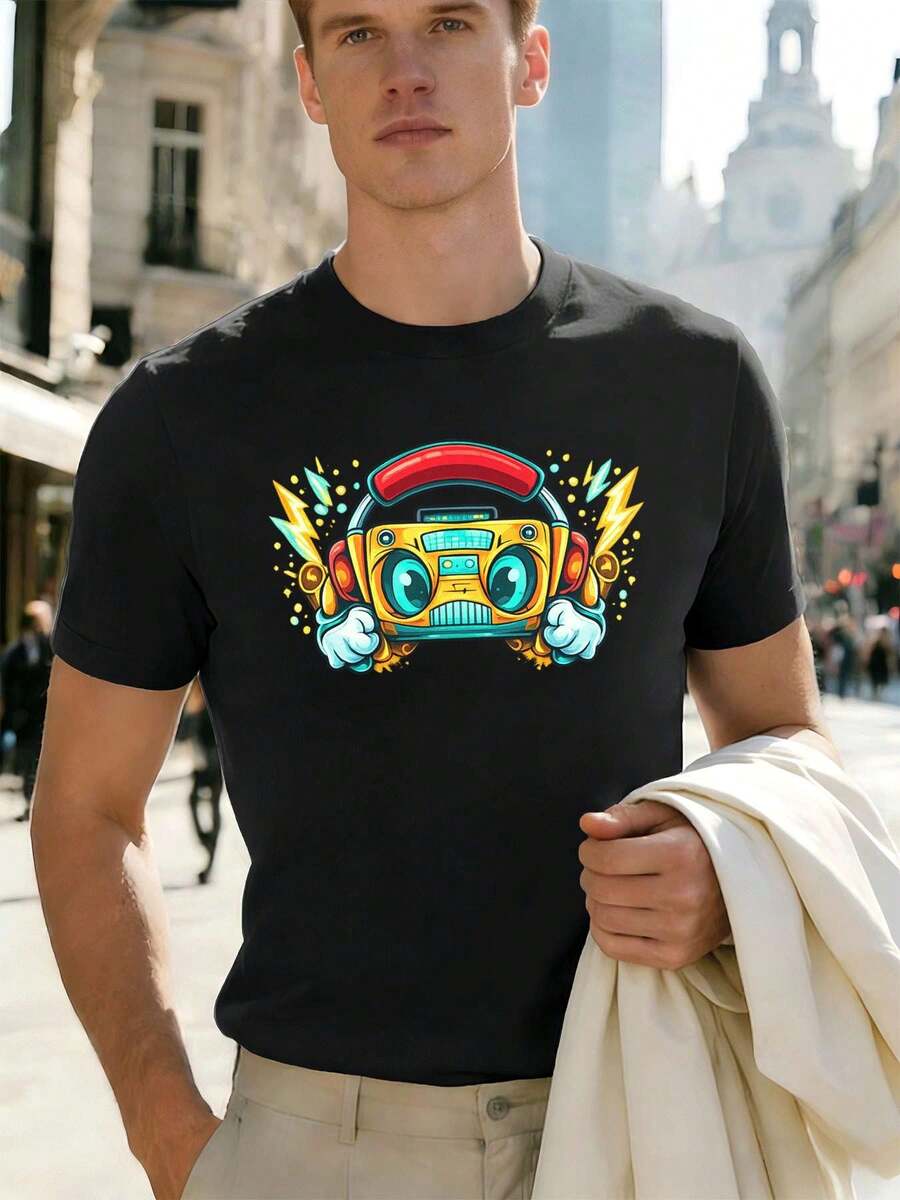 Retro-Boombox-T-Shirt mit Grafikprint, Frühlingsqualit?t, Premium-Material, einzigartiger Grafikprint, l?ssig, atmungsaktiv - Schwarz - Übersicht 1