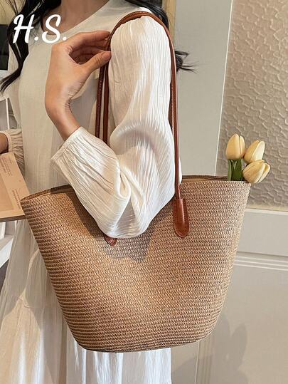 Fashionable Retro Straw Tote Bag, Large Capacity Casual Women's Handbag, Romantic Vacation Style Rattan Woven Bag, Beige & Khaki Color, Lightweight & Versatile For Commuting And Outing