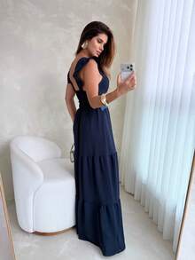 Long Dress With Lace Detail At The Waist, Duna Fabric. - 藏蓝色 - 查看 2