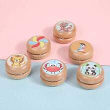 傳統的木製溜溜球,兒童動物卡通有趣圖案旋轉玩具,附贈隨機圖案,復古禮物 - 彩色 - 查看 5