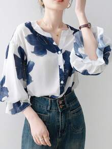 女士夏季印花纽扣荷叶边前襟衬衫，时尚优雅喇叭袖衬衫，适合海滩度假春季穿着 - 藏蓝色 - 查看 2