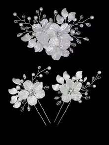 3pcs Bridal Wedding Flower Crystal Pearl Hair Clips, Rhinestone Inlaid Embossed White Flower Hair Accessories - White - View 10