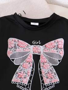 2件套女童休闲碎花蝴蝶结印花圆领短袖上衣+蝴蝶结长裤套装，夏季 - 黑色 - 查看 4