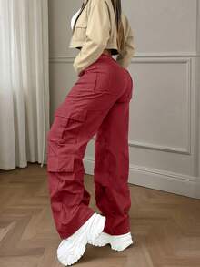 酒红色多口袋纽扣休闲Y2K风格优雅可爱轻便工装裤，适合返校、毕业典礼、俱乐部、生日派对、万圣节、感恩节、音乐会、健身房、海滩、办公室、日常穿着、户外、运动、机场、街头、教师节、春季、夏季、秋季、冬季等场合。 - 酒紅色 - 查看 4