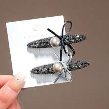 1个闪亮优雅的PU皮革蝴蝶结发夹，甜美鸭子发夹，适合日常佩戴 - 黑色 - 查看 4