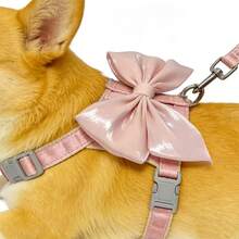 可爱闪亮粉色大蝴蝶结宠物胸背带，尺寸可调节，猫狗散步胸带套装 - 粉色 - 查看 4
