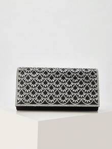 Wedding Guest Black Rhinestone Clutch, Fan Pattern Evening Purse - Black - View 4