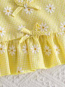 2pcs Girls Daisy Print Plaid Top And Pants Set, Summer - Yellow - View 7