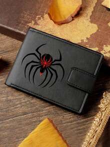 Billetera de piel sintética de moda - Monedero compacto con cremallera y tarjetero, estuche de tarjetas con cierre a presión, diseño "No toques mi billetera", ideal para uso diario - Estampado de araña negro + negro y rojo - Ver 4