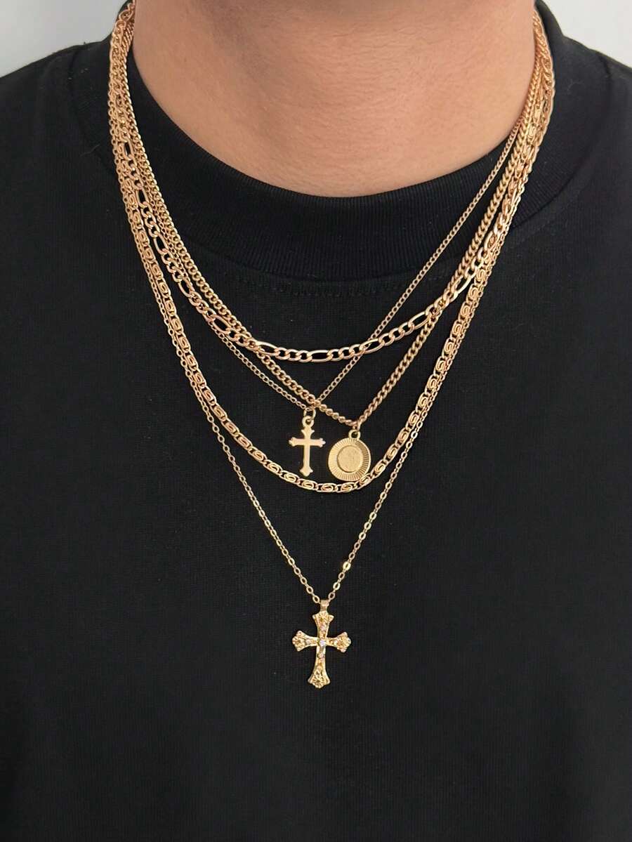 5件套极简十字架吊坠项链套装，几何金属链，男女日常休闲佩戴，节日礼物