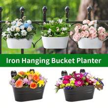 2pcs Iron Hanging Buckets, Balcony Yard Home Succulent Planter Pots, Detachable Handle Hanging Flower Pots - Multicolor - View 3