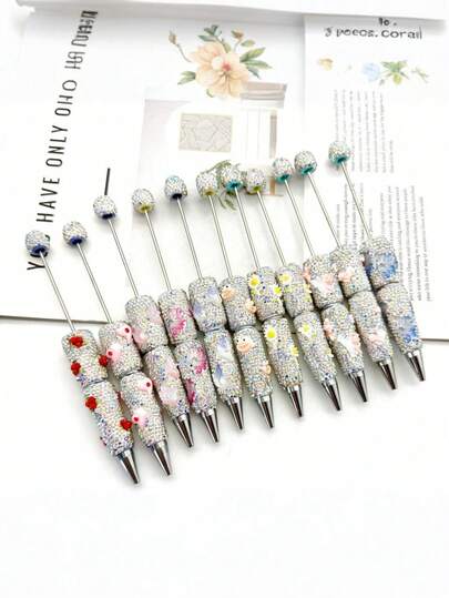 1/3/5 Cartoon Full Rhinestone Ballpoint Pens DIY Creative Color Beads Can Be Strung, Rhinestone Ballpoint Pen, For Education, High-Quality Creative Stationery, Suitable For Students, Office Signing Supplies, Suitable As Gifts For Students, Family, Friends, And Colleagues, School Exam Supplies, And For Use On Valentine's Day, Birthdays, Parties, And Back-To-School Season.