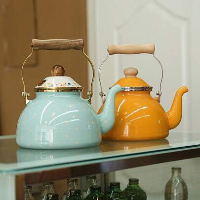 SummitPulse 1pc Nordic Minimalist Whistling Enamel Wooden Handle Kettle, Multipurpose High-Temperature Resistant Kettle/Coffee Pot/Iced Water Pot/Milk Tea Pot, Unbreakable Oil Pot, High-Aesthetic Stove-Top Tea Pot, Fresh Home Desktop Decor, Specialty Drinkware For Birthday, Holiday Gatherings, Outdoor Camping