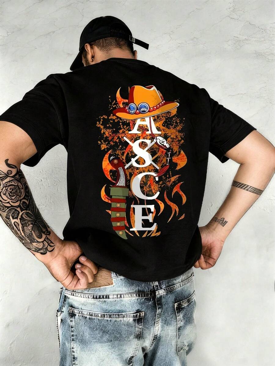 Men's T-Shirt With Flame Print "ASCE", Anime Style, Loose-Fitting Casual T-Shirt, Crew Neck, Short Sleeves, Made Of Pure Cotton, Fashionable And Versatile, Suitable For Everyday Wear And Outdoor Sports, Summer Clothing, Machine Washable, A Must-Have For Anime Lovers And A Great Gift For Friends. - 黑色 - 查看 1