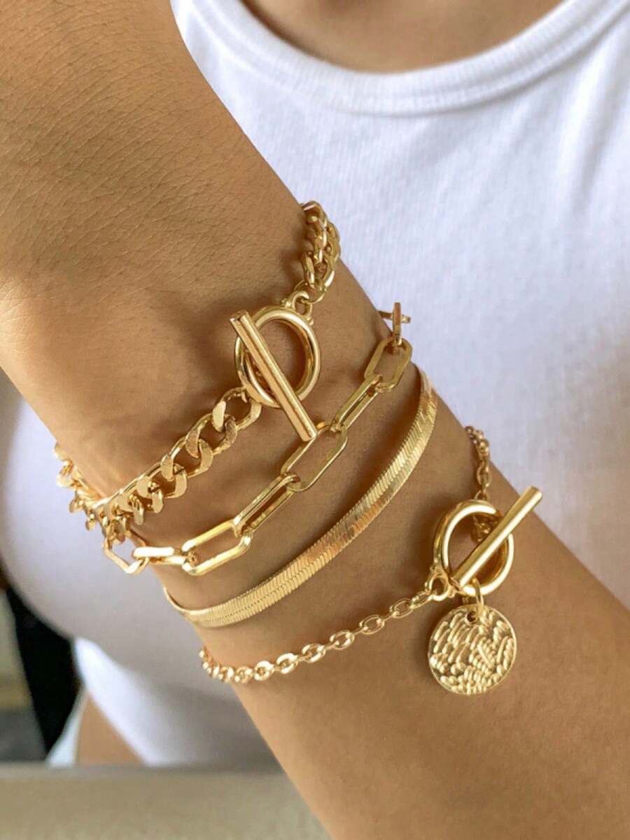 Set de 4 piezas de pulsera con colgante de aleación de metal, cadena de serpiente, broche de lengüeta, joyería minimalista y versátil para apilar, adecuada para uso diario, fiestas y combinar con atuendos de mujer - Amarillo Oro - Ver 1