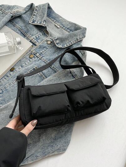 1pc Quilted Zipper Closure Solid Color Fabric Bag, Casual Commute Office Crossbody Bag, Portable Lightweight Minimalist Shoulder Bag, New Multi-Pocket Versatile Sports Bag, Large Capacity Stylish Underarm Bag With Double Pockets, Suitable For Shopping, Dating, Outing, Short-Distance Travel, Shopping, Office Work, Couples