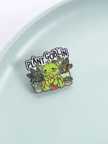 Enamel Gnome Badge, Fantasy Healing Design With Light Green Pointed Ears, Blush Cheeks, Gnome Holding Yellow Flower Surrounded By Turtle Back Bamboo Succulent Watering Can, Suitable For Fantasy Enthusiasts, Plant Parents, Farmhouse Style Lovers, And Healing Followers - Green - View 6