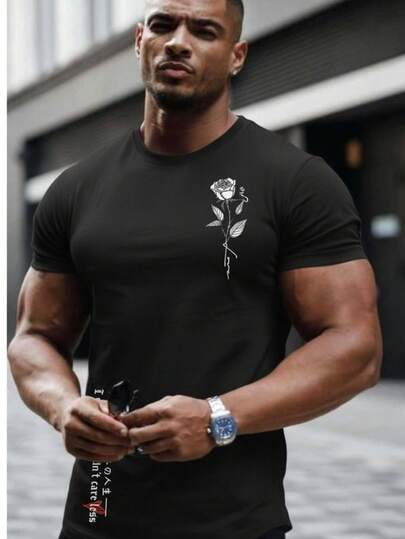 男士玫瑰印花修身短袖T恤，美式街头风圆领上衣，夏季时尚百搭