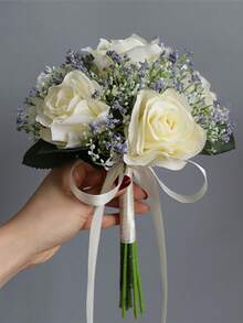 白色與藍色花卉花束婚禮配件，絲綢仿真玫瑰新娘伴娘花束，婚禮裝飾，居家婚禮派對求婚裝飾 - 彩色 - 查看 17