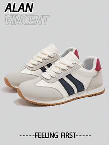Alan Vincent Allen Vincent [休闲系列] 女士米色和蓝色新款平底鞋，舒适时尚的女士休闲运动鞋，适合办公室、户外、学生和日常穿着。 - 米色 - 查看 1