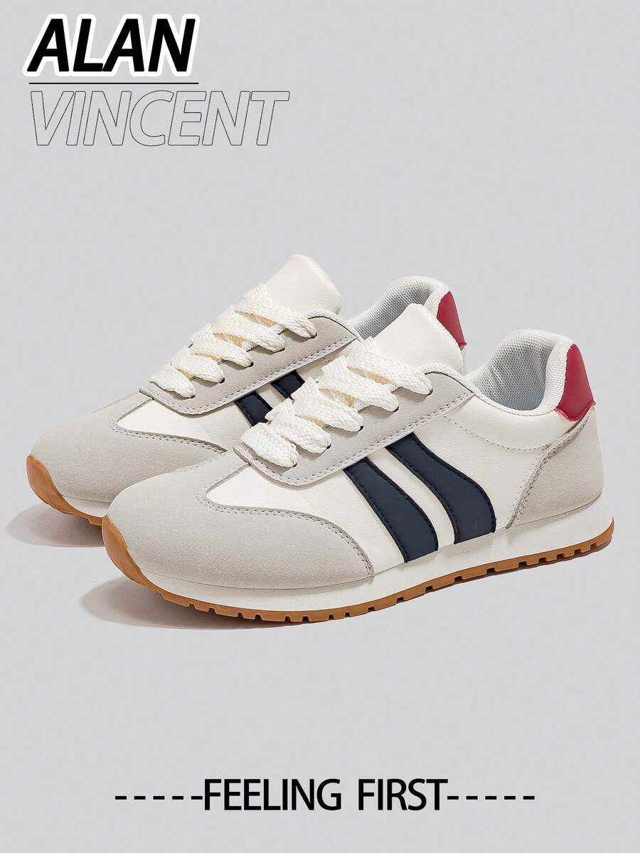 Alan Vincent Allen Vincent [休闲系列] 女士米色和蓝色新款平底鞋，舒适时尚的女士休闲运动鞋，适合办公室、户外、学生和日常穿着。 - 米色 - 查看 1
