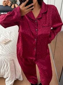 Plus Size Red Leopard Jacquard Long Sleeve & Pants Pajama Set - Red - View 3