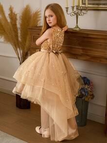 Tween Girl Christmas Elegant Sequin Trailing Tulle Princess Dress, Suitable For Birthday Party, Flower Girl, Wedding, Prom, Holiday Occasions - Champagne - View 6