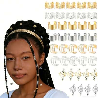 80pcs Gold & Silver Braiding Hair Accessories, Metal Braid Hair Clips Suitable For Braids And Long Hairstyles, 4 Styles Hair Clips, Rings And Accessories