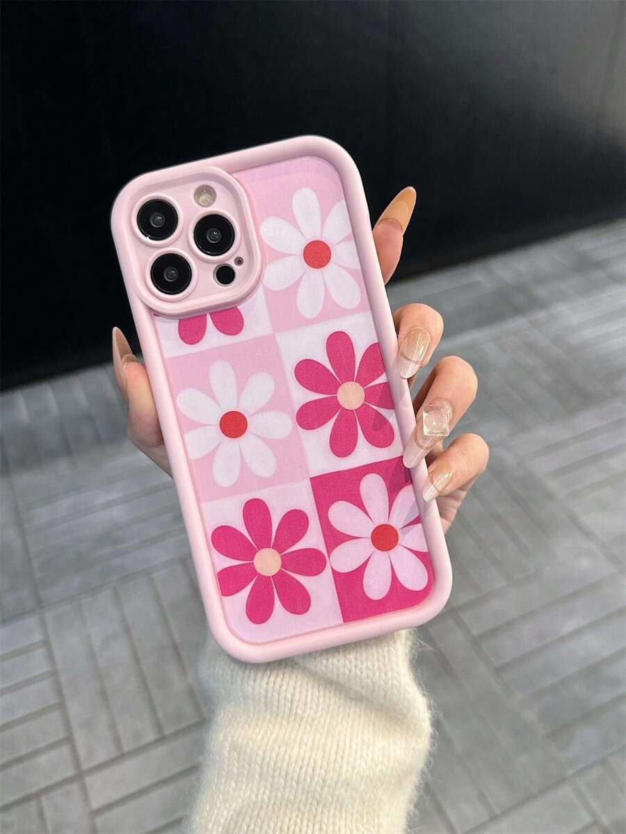 Flower 1pc New Creative Pink Sunflower Dual-Color Plaid Background Pattern Phone Case, Full Coverage Precise Cutout Soft Protective Cover For IPhone 17 Air/17 Pro Max/17/16 Plus/15/14/13/12/11/XS Max/XR/7/8 - Light Pink - View 1
