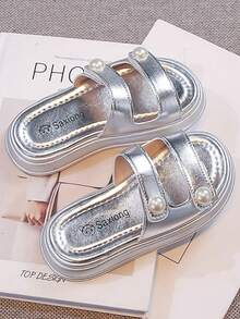 Children's Faux Pearl Decor Fashionable Versatile Daily Wear Slip-On Mules - Silver - View 3