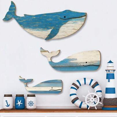 1/3 件装木制鲸鱼墙饰，乡村风格鲸鱼墙饰，复古航海海岸主题装饰品，适用于家居湖畔别墅卧室浴室装饰，客厅、厨房、浴室墙面装饰