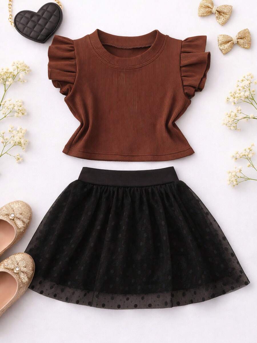 Girls' Outfit Set: Tulle Shorts Skirt With Ruffle And Cropped Top With Ruffled Frills, Pleated, Spring And Summer CJI043 - Black and Brown - View 1