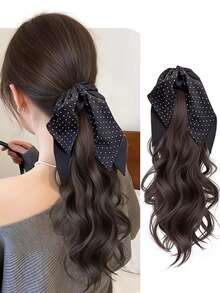 新款丝带波点蝴蝶结爪夹卷发马尾辫，韩式长卷发马尾辫假发 - 彩色 - 查看 6