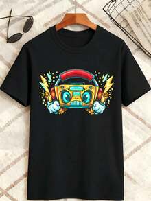 Retro-Boombox-T-Shirt mit Grafikprint, Frühlingsqualit?t, Premium-Material, einzigartiger Grafikprint, l?ssig, atmungsaktiv - Schwarz - Übersicht 2