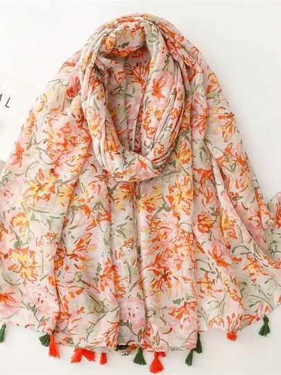 1pc Floral Print Casual Fashion Sunscreen Scarf, Beach Resort Windproof Sunshade Shawl, Daily Decorative Tassel Wrap