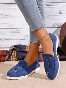 Giày lười nữ thời trang màu trơn mũi tròn thoáng khí, giày búp bê đế mềm mại thoải mái, kiểu dáng thường ngày, có khóa cài trang trí tua rua. - Màu xanh lam - Xem 6