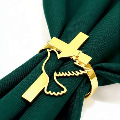 Anéis de guardanapo em forma de cruz e pomba douradas, decoração de mesa para casamentos e festas na igreja, anéis de guardanapo de metal, adequados para o Dia de Ação de Graças, festas de Natal, decoração de mesa e acessórios.