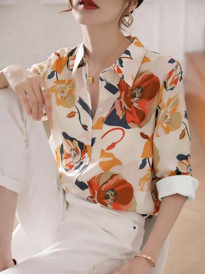 Women's Spring/Summer Floral Print Vintage Style Lightweight Collared Long Sleeve Shirt, Elegant Casual Commute Outdoor Holiday Wear