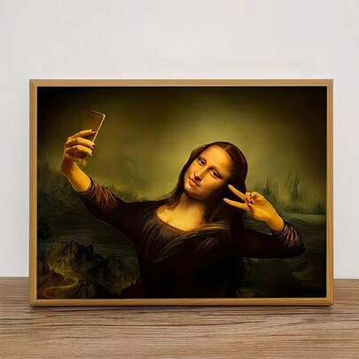 1pc Frameless Canvas Painting, Mona Lisa Selfie Canvas Art Print, Fun Creative Canvas Wall Decor For Home, Bedroom, Kitchen, Living Room, Bathroom, Hotel, Cafe, Office, Restroom, Room Artwork Canvas Wall Art Poster