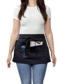 1pc Waitress Apron With Pockets, Short Apron With Pockets, Waist Apron, Server Apron With 3 Pockets, Gardening, Cooking And Waitressing |   Long Strap - Black/White - 均碼-黑色 - 查看 9