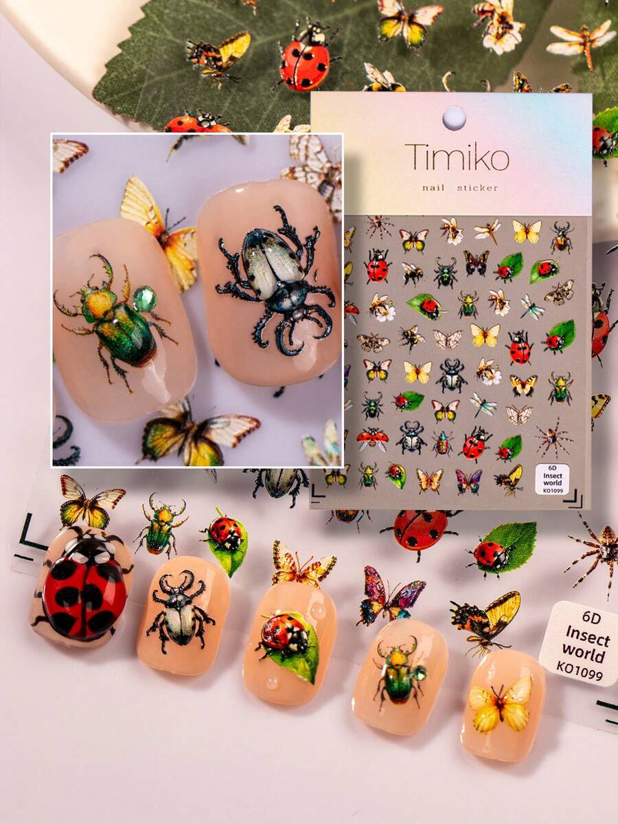 1 Spring Insect Themed Nail Art Sticker With Spring Countryside Leisure Vacation Style, Featuring Elements Such As Bees, Beetles, Stink Bugs, Butterflies, Spiders, Dragonflies, Seven Star Ladybugs, Etc. Suitable For Personal DIY Use By Women And Girls - Multicolor - View 1